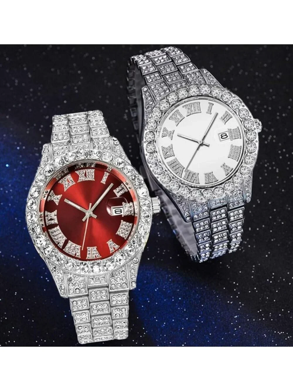 Men's All Silver Analog Crystal Rhinestone Diamond Iced-Out Bracelet Wrist Watch